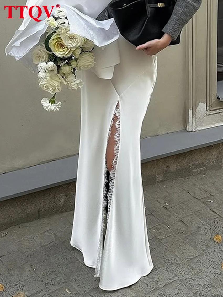 TTQV – jupe longue en Satin blanc pour femmes, ample, Sexy, taille haute, élégante, classique, fendu
