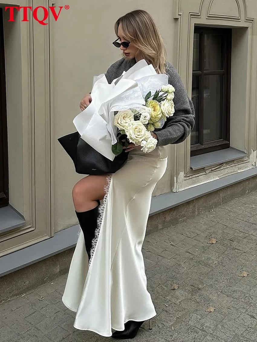 TTQV – jupe longue en Satin blanc pour femmes, ample, Sexy, taille haute, élégante, classique, fendu