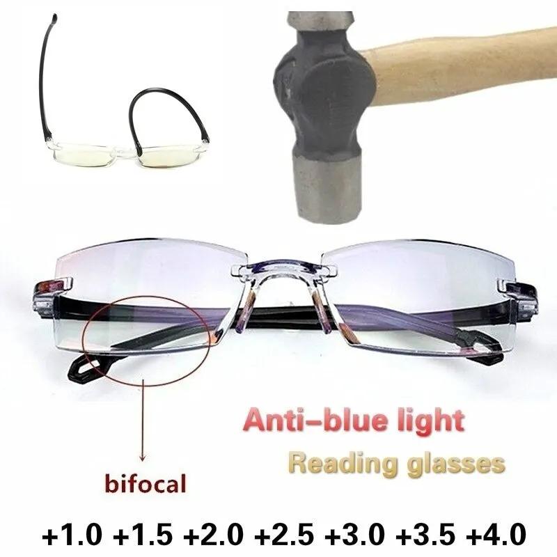 Lunettes de lecture sans monture pour hommes et femmes, anti-lumière bleue, bifocales, grossissement