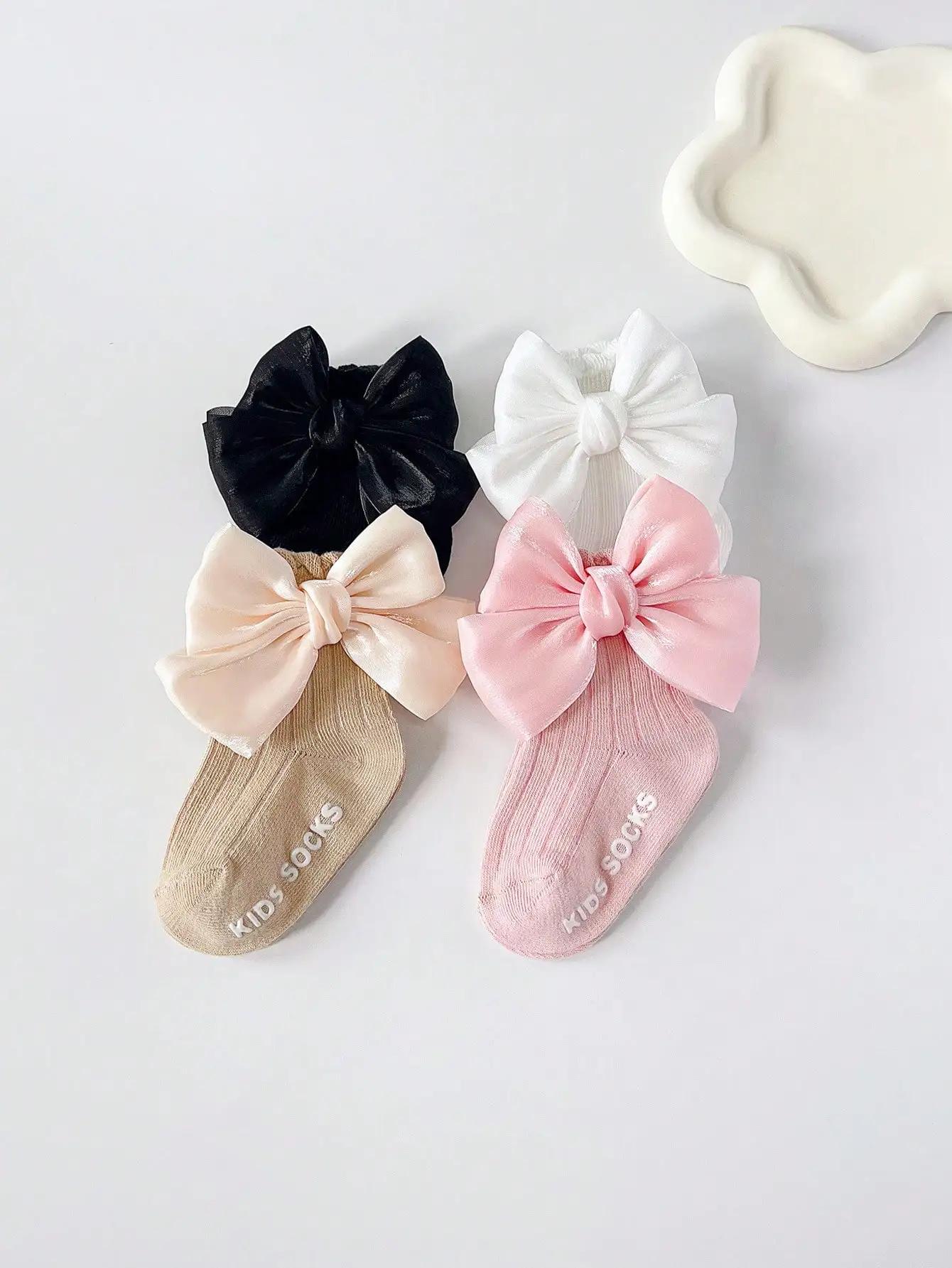 4 paires de chaussettes de sol antidérapantes avec nœud pour bébé, chaussettes d'apprentissage douce