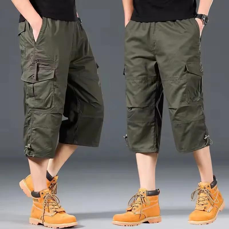 Shorts Cargo d'été pour Hommes, Longueur Genou, Décontractés, Taille Élastique, en Coton, Multi-Poch