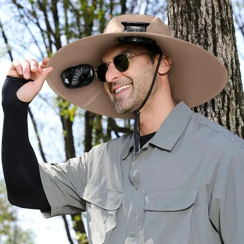 Chapeau de soleil d'été d'extérieur avec 2 ventilateurs, large bord, sangle coupe-vent, chargement s