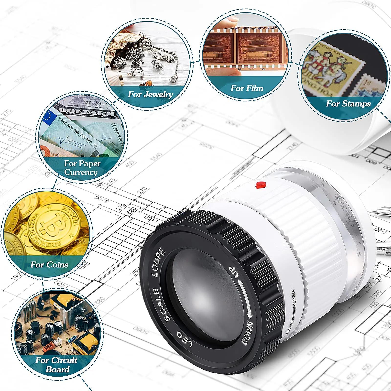 Loupe cylindrique portative 30X avec échelle LED lumière UV Loupe éclairée Focale réglable HD Loupe