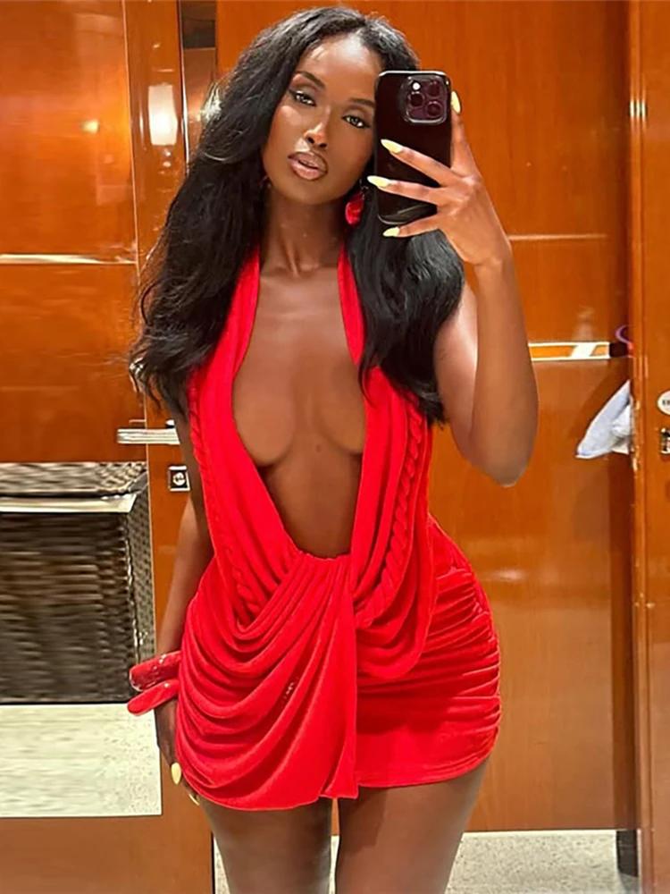 Nibber Dos Nu Robe Femme Twist Bandage Halter Swing Collier Clivage Sans Manches Minuit Club Party S