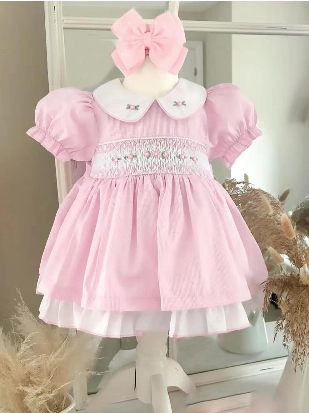 Bébé fille été rose fleur smocké à la main turc Vintage Lolita princesse robe de bal robe pour anniv