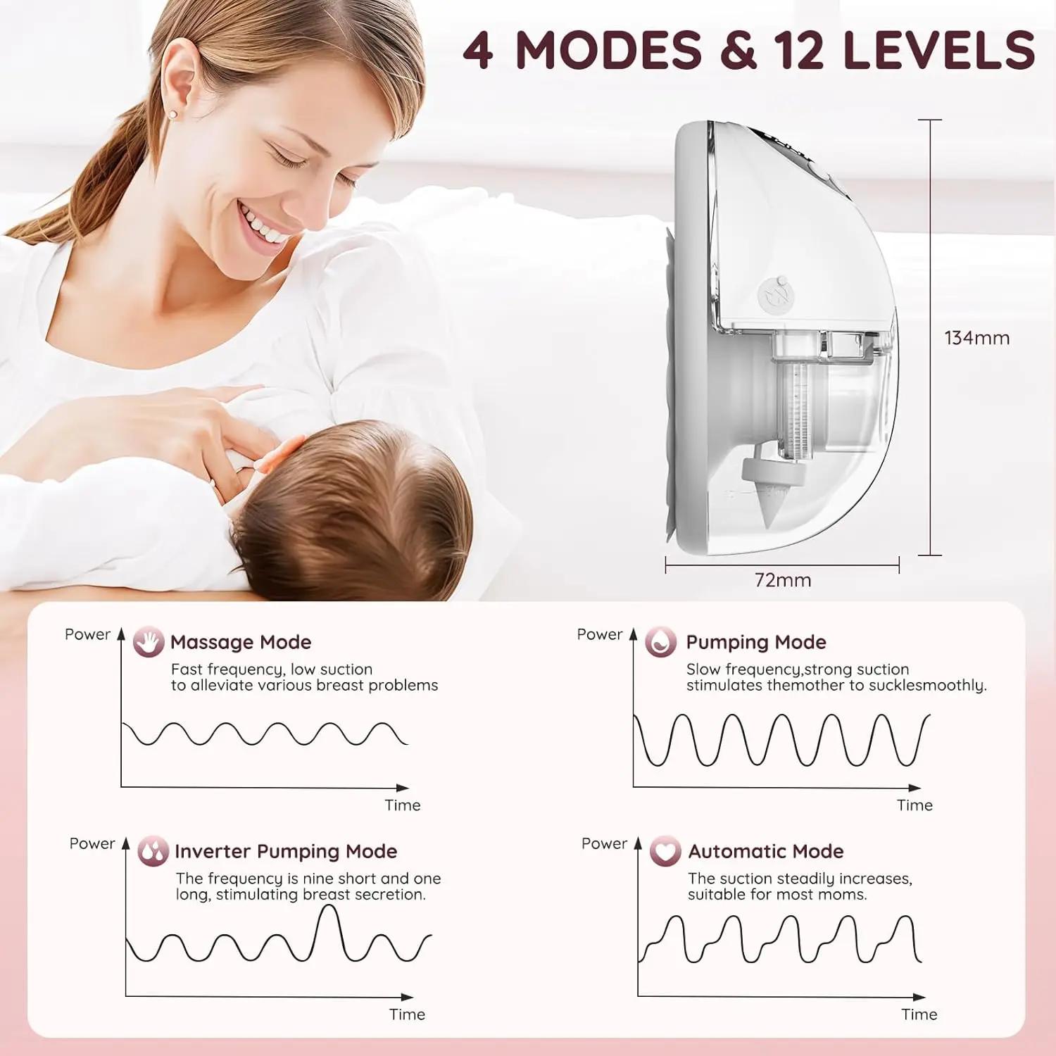 Tire-lait maternel portable sans fil mains libres sans BPA 4 modes 12 niveaux à faible bruit tire-la