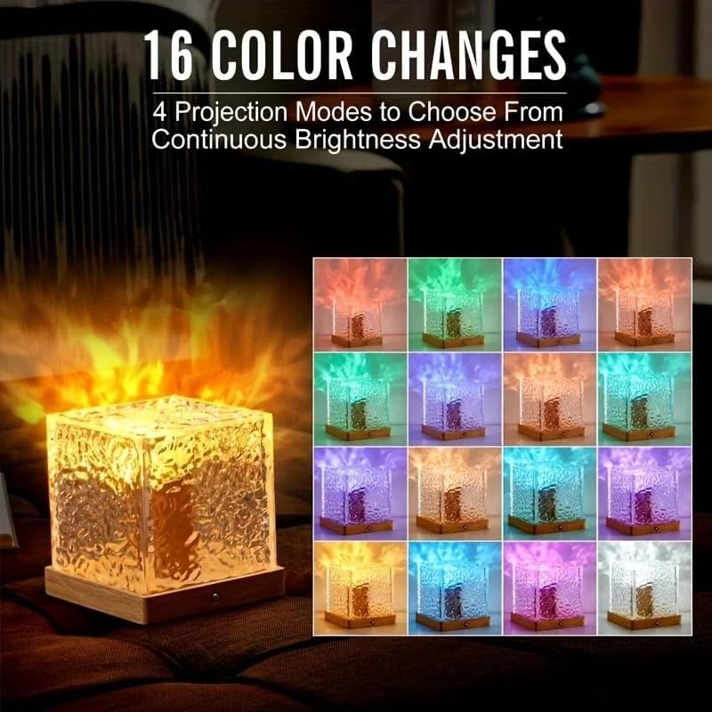 Projecteur d'ondulation d'eau rotatif dynamique, veilleuse 3/16 couleurs, lampe en cristal de flamme