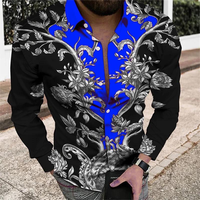 Chemise à manches longues à motif floral pour hommes, chemise imprimée en 3D, costume à revers, robe