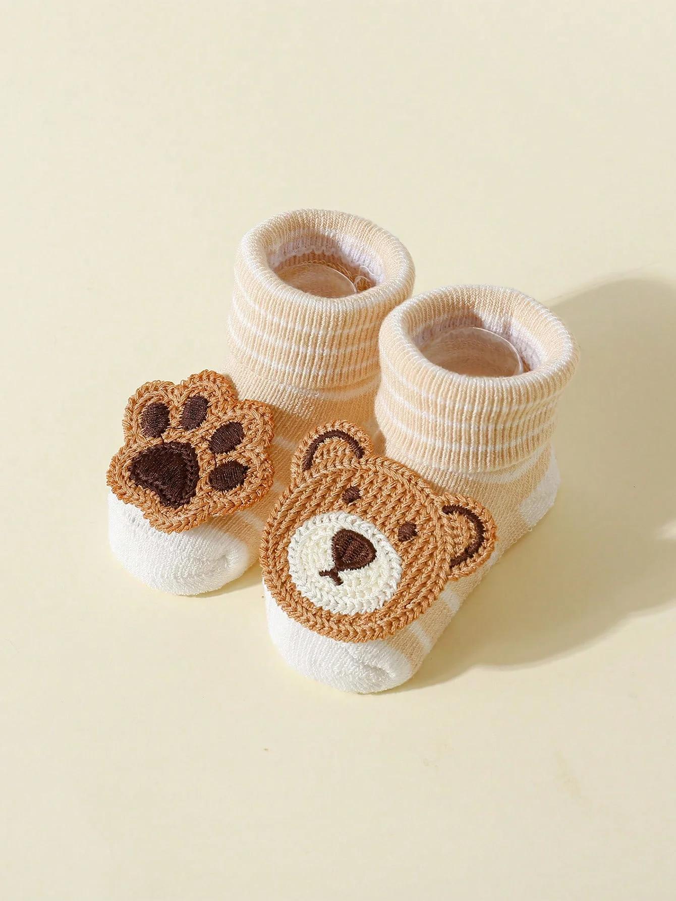 4 paires de chaussettes ours de dessin animé mignon pour bébé, chaussettes antidérapantes en coton d
