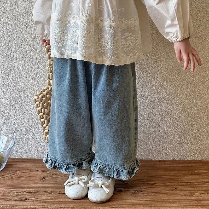 Jean à Jambes Larges en Dentelle pour Fille, Pantalon Décontracté, Doux et Adorable, à la Mode, Nouv