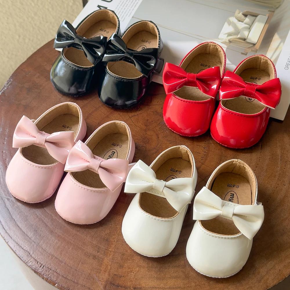 Chaussures pour nouveau-né fille, chaussures en PU antidérapantes avec nœud papillon, robe de prince