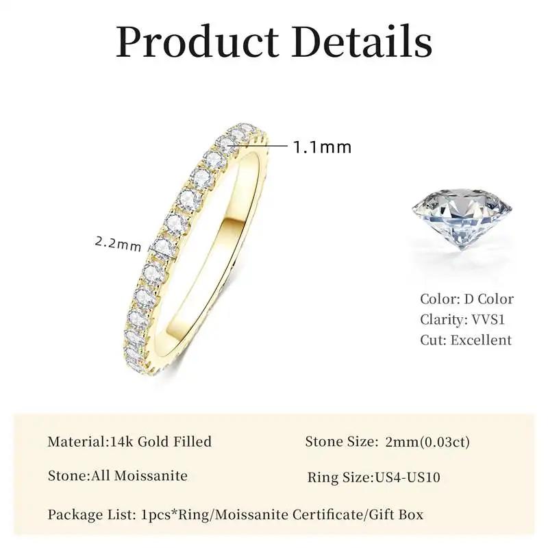 Bague de mariage en or 14 carats pour femmes, certifiée couleur D VVS1, bague d'éternité en moissani