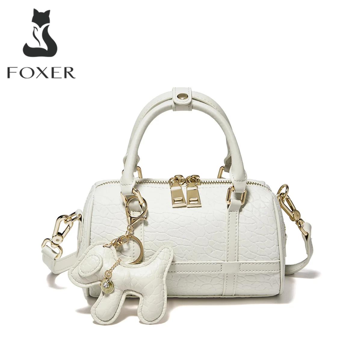 FOXER 2026 Nouveau Sac à Main Femme Tendance Sac Baril en Cuir de Vachette Texturé Sac Bandoulière D