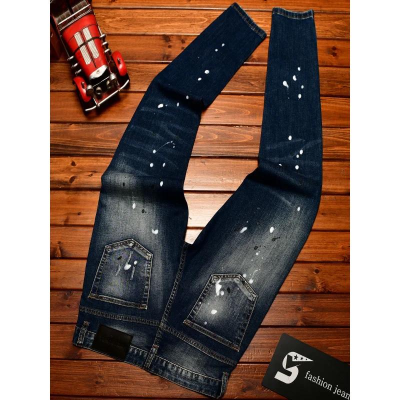 Jean nostalgique haut de gamme pour hommes, coupe slim avec petits trous, patchs grattés, tendance d
