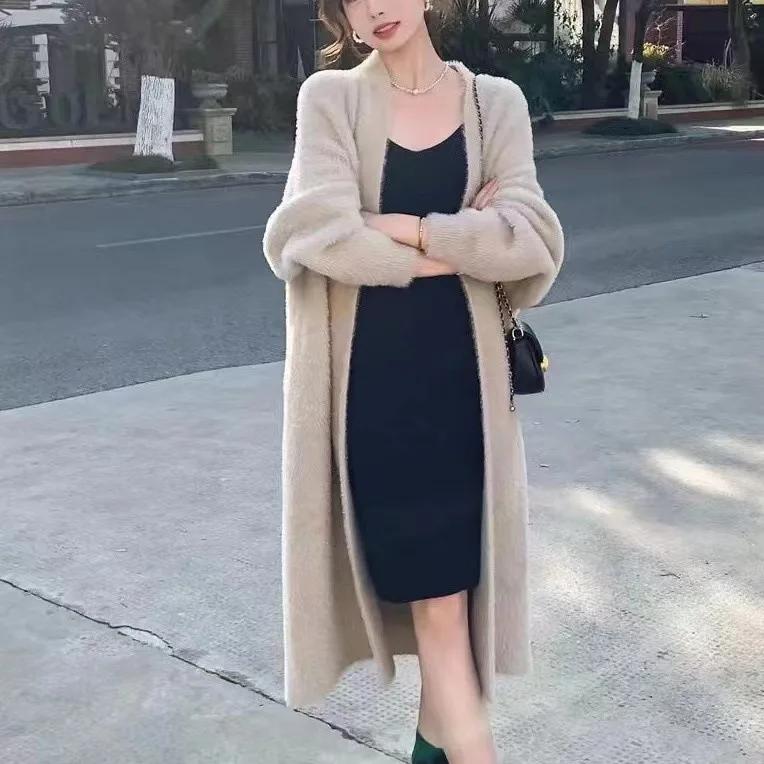 Manteau en tricot ouvert de style ample et paresseux, pull épais à manches longues en fausse fourrur