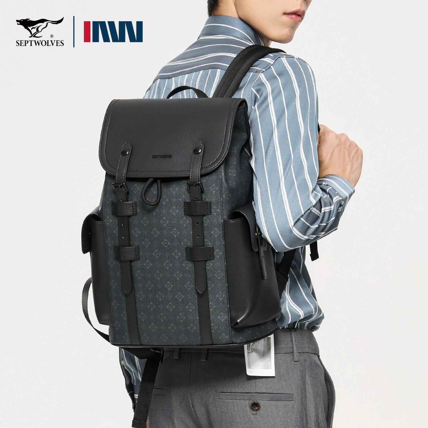 Septwolves haute qualité affaires imprimé sac à dos en cuir homme concepteur cordon Flip monogramme