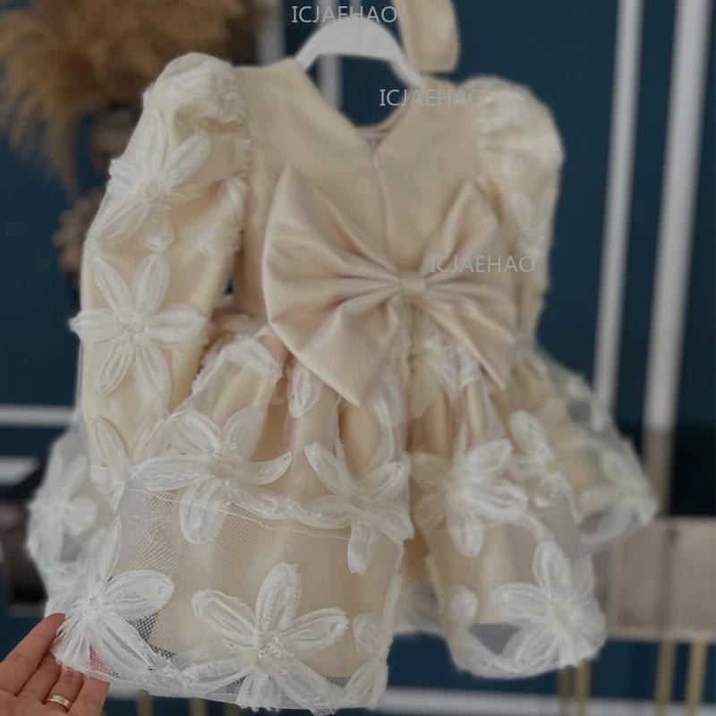 Nouvelle Robe de Princesse en Satin à Manches Longues avec Nœud pour Filles 2026 – Tenue de Cérémoni