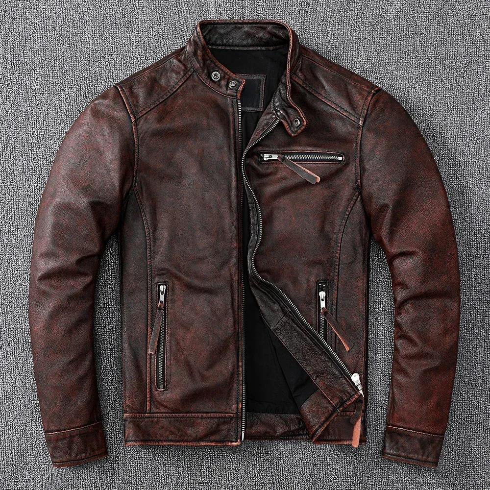 Veste en cuir véritable pour hommes, manteau marron vintage, style motard classique, court, mince, d