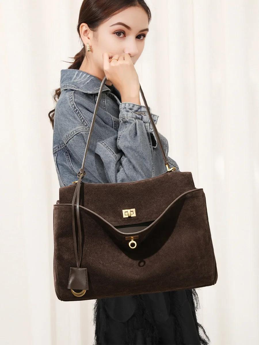 Sac à main en daim et cuir véritable pour femmes, sac à bandoulière de grande capacité, fourre-tout