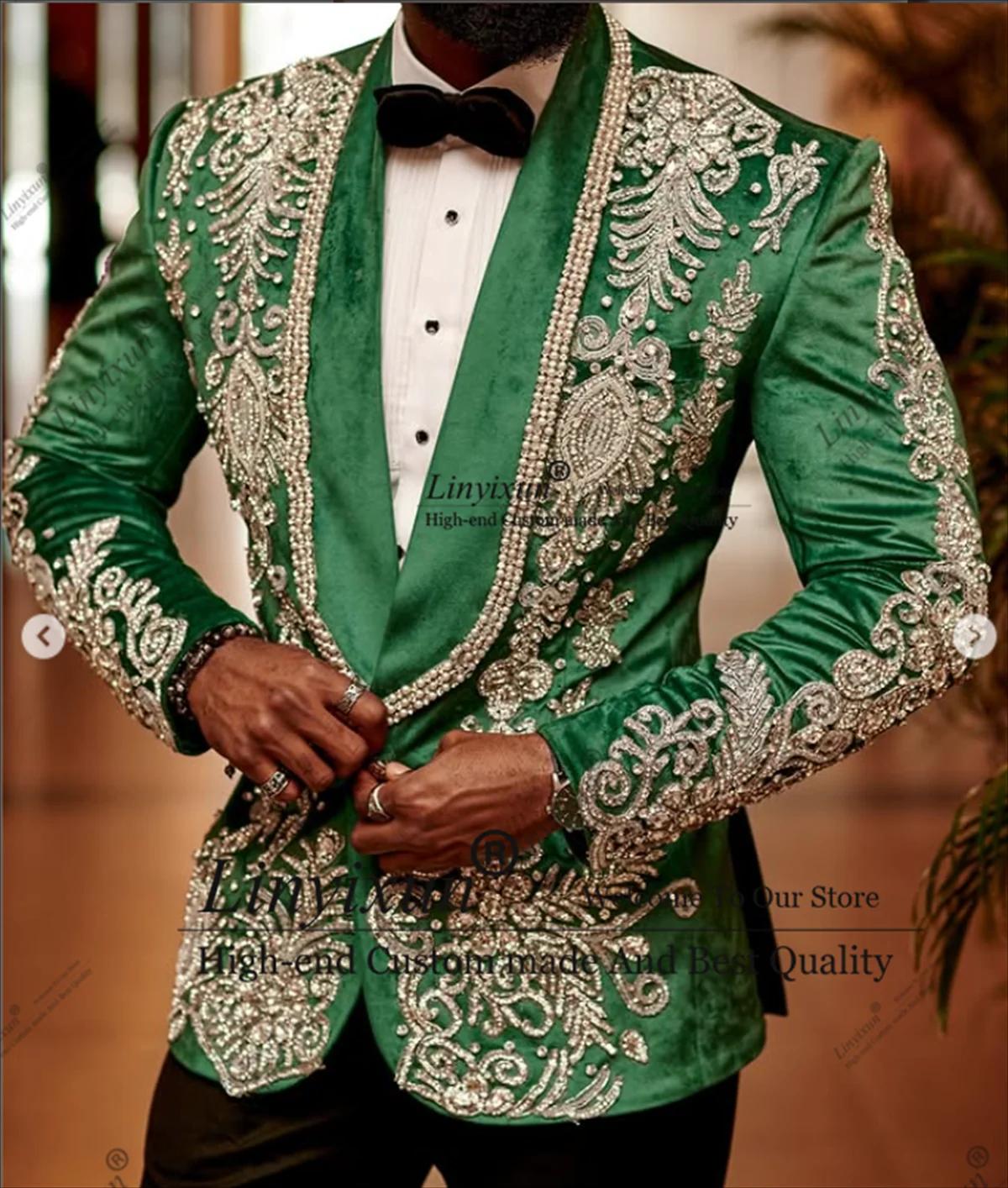 Costumes de luxe en perles pour hommes, châle à revers, smoking de marié de mariage, ensemble 2 pièc