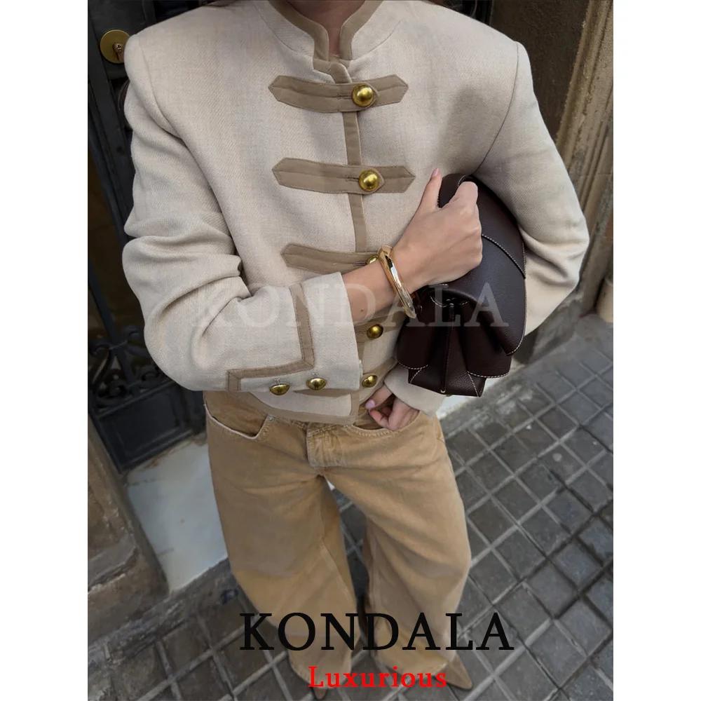 KONDALA – Nouveauté Chic Décontracté : Vestes Courtes Kaki à Poches pour Femme, Manches Longues, Col