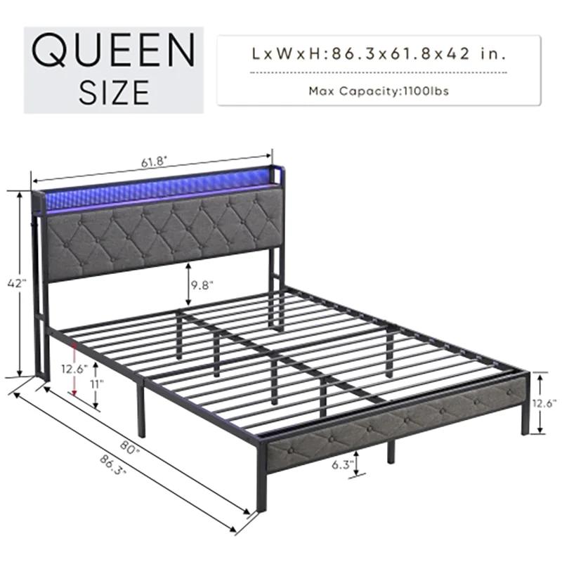 Cadre de lit King avec planche de sauna de rangement, station de charge et lumières LED, lit platefo