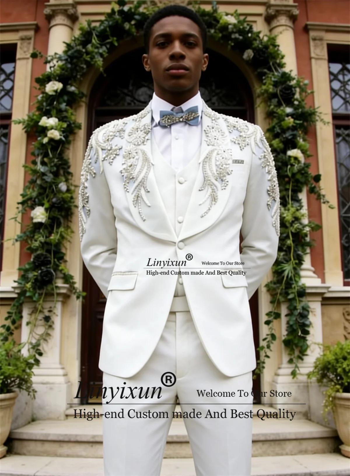 Costumes de smoking pour hommes avec appliques de dentelle scintillante, sur mesure, coupe ajustée,