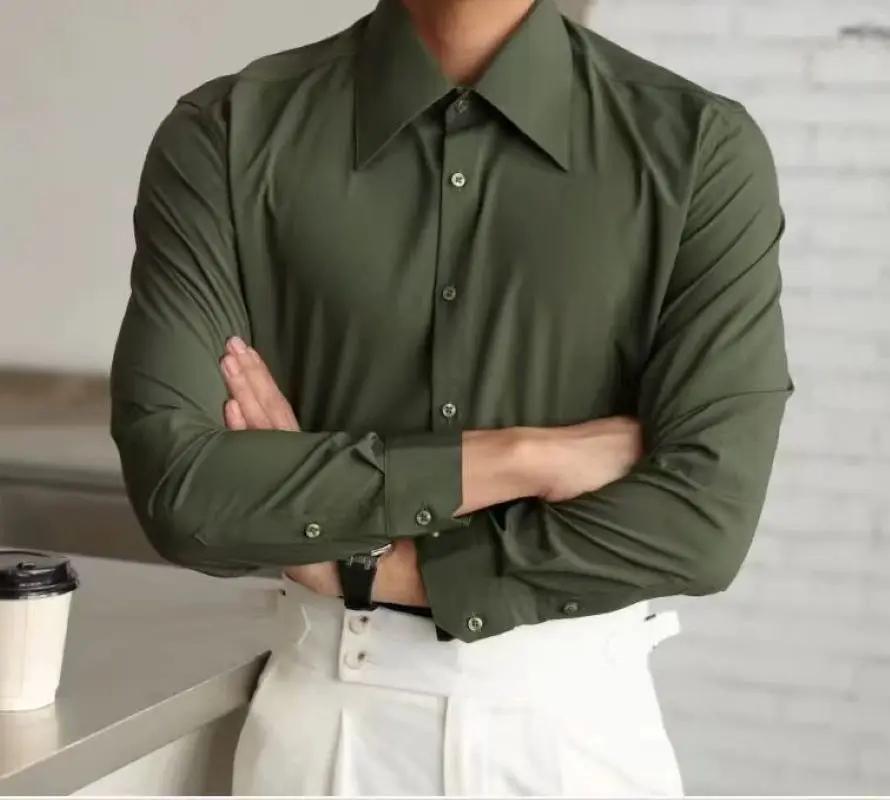 Chemise habillée formelle pour homme, style français, col long, en coton blanc infroissable, avec po