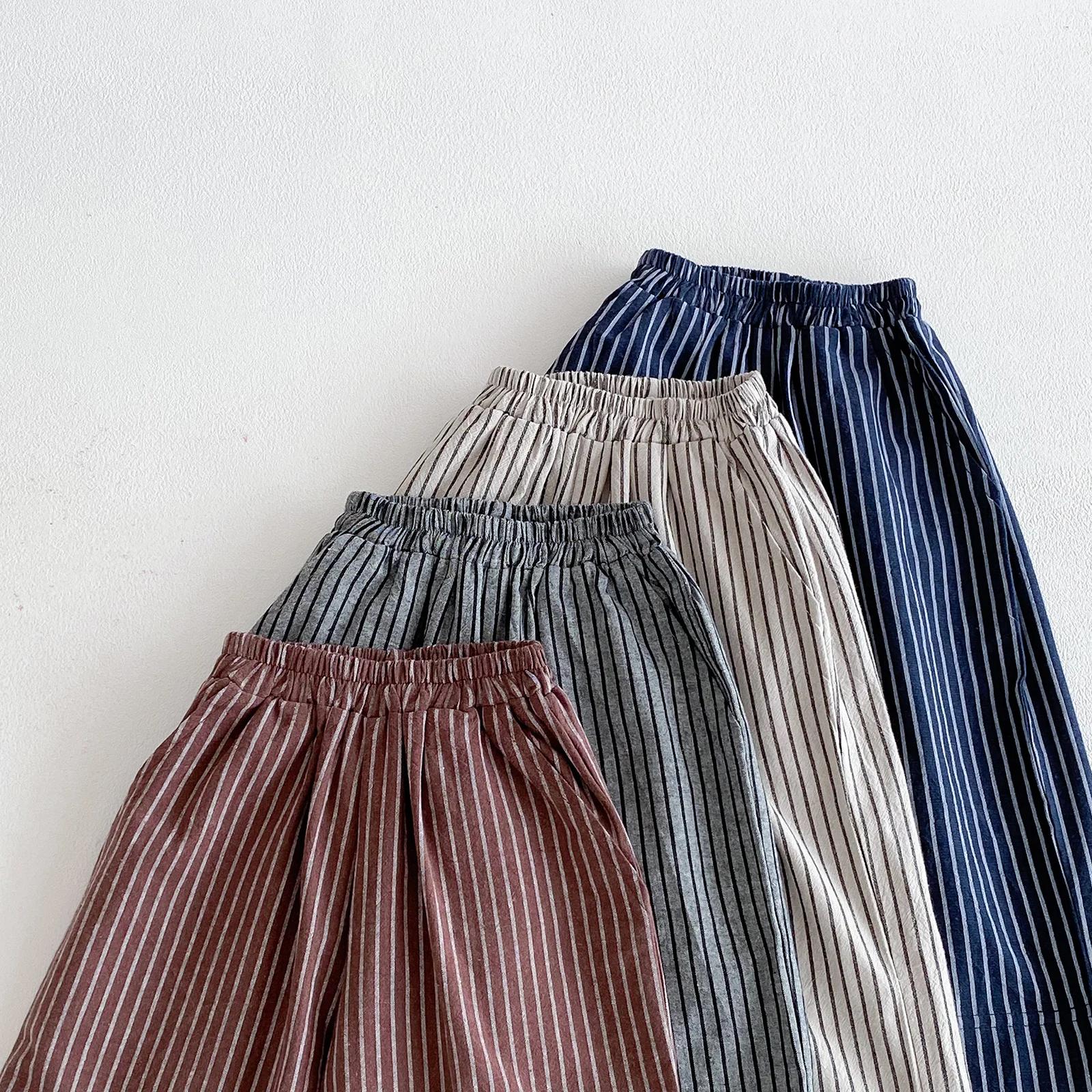 Pantalons en lin et coton à rayures pour garçons et filles, vêtements pour enfants, automne et print