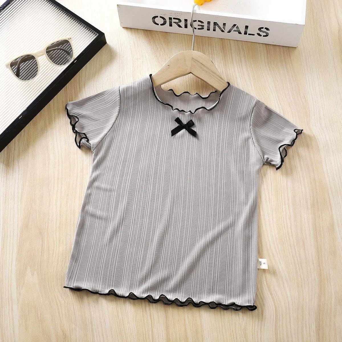 T-shirts d'été à manches courtes en tricot fin avec volants et dentelle pour bébés filles, nouveaux