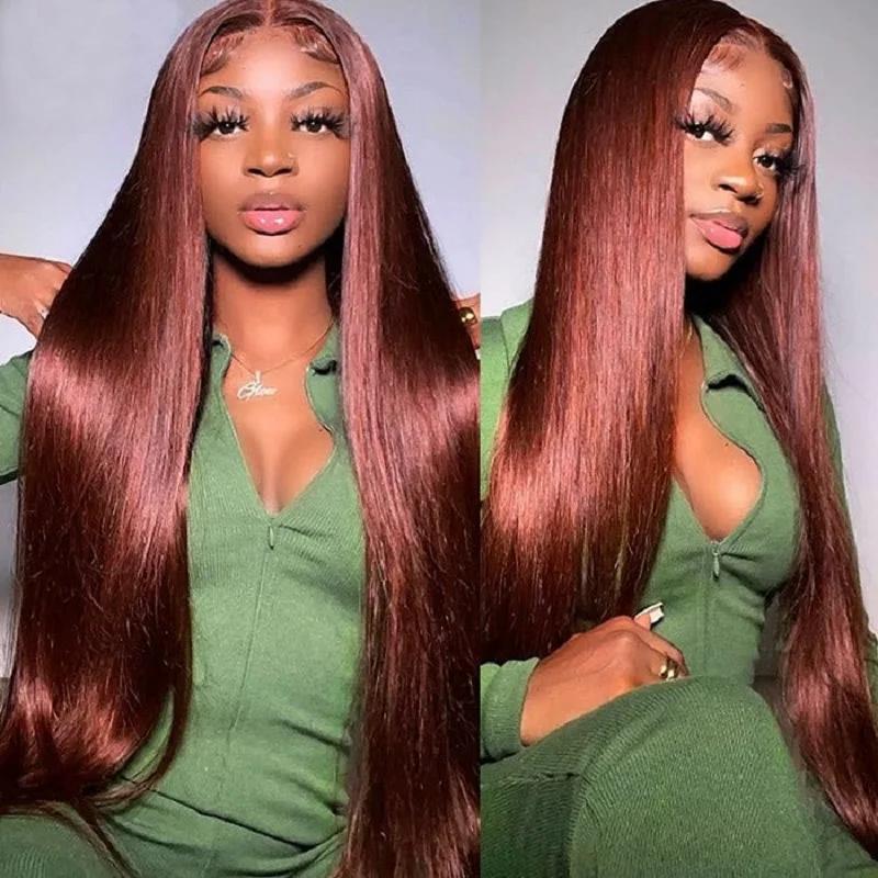 Perruque Lace Closure Wig Brésilienne Naturelle, Cheveux Lisses, Brun Rousse, Auburn, Cuivre, 4x4, D