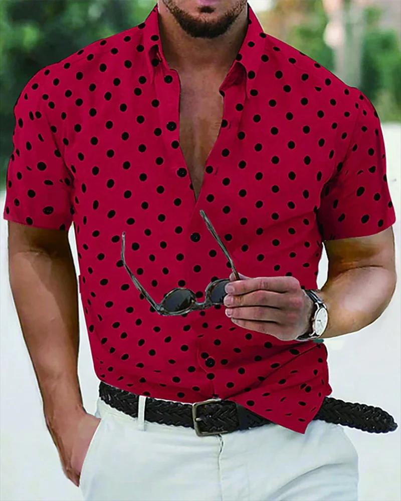 Chemise homme été plage chemise noir et blanc manches courtes à pois revers vêtements de vacances à