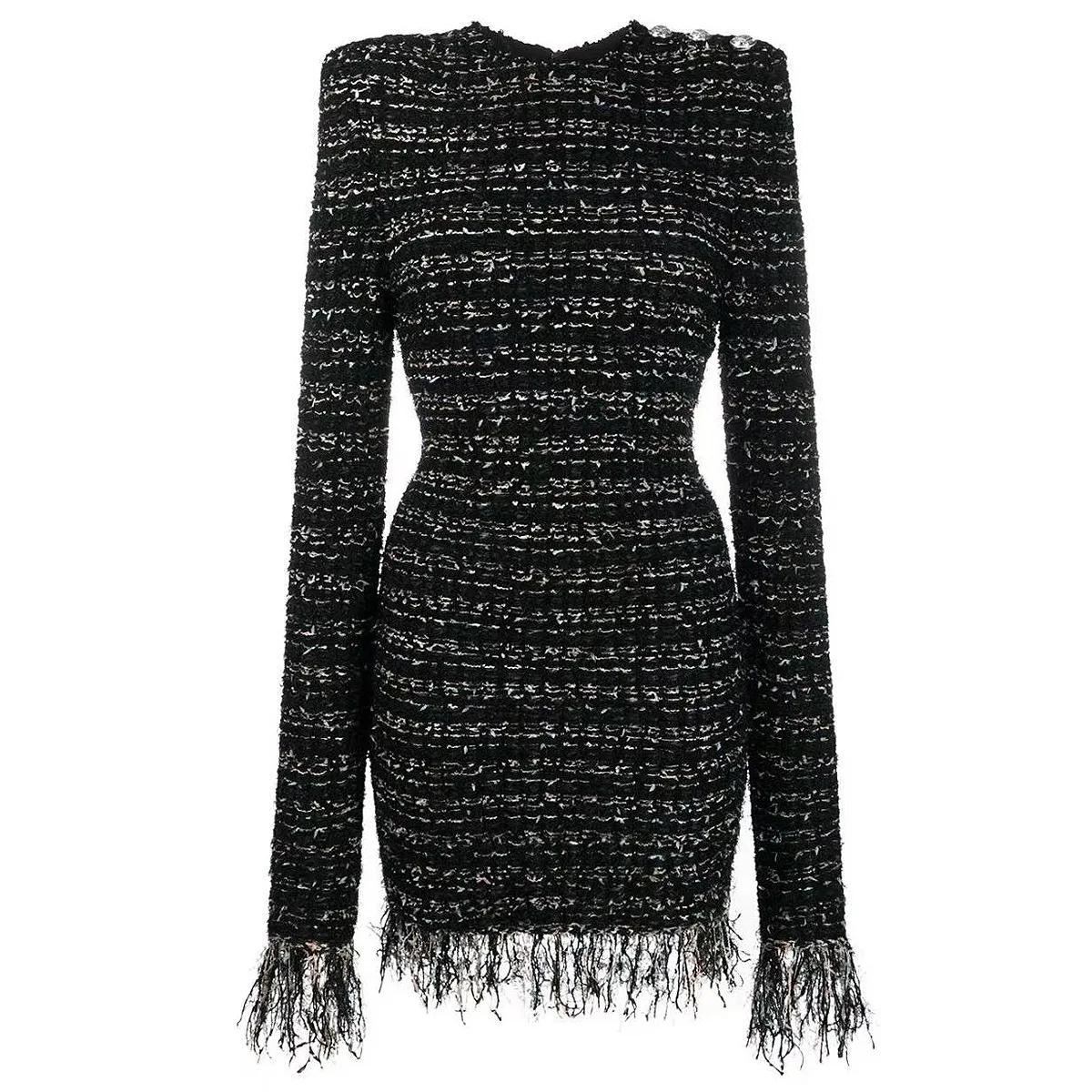 S-XL haute qualité mode nouvelle rayure élastique tweed tissu col rond manches longues frange dentel