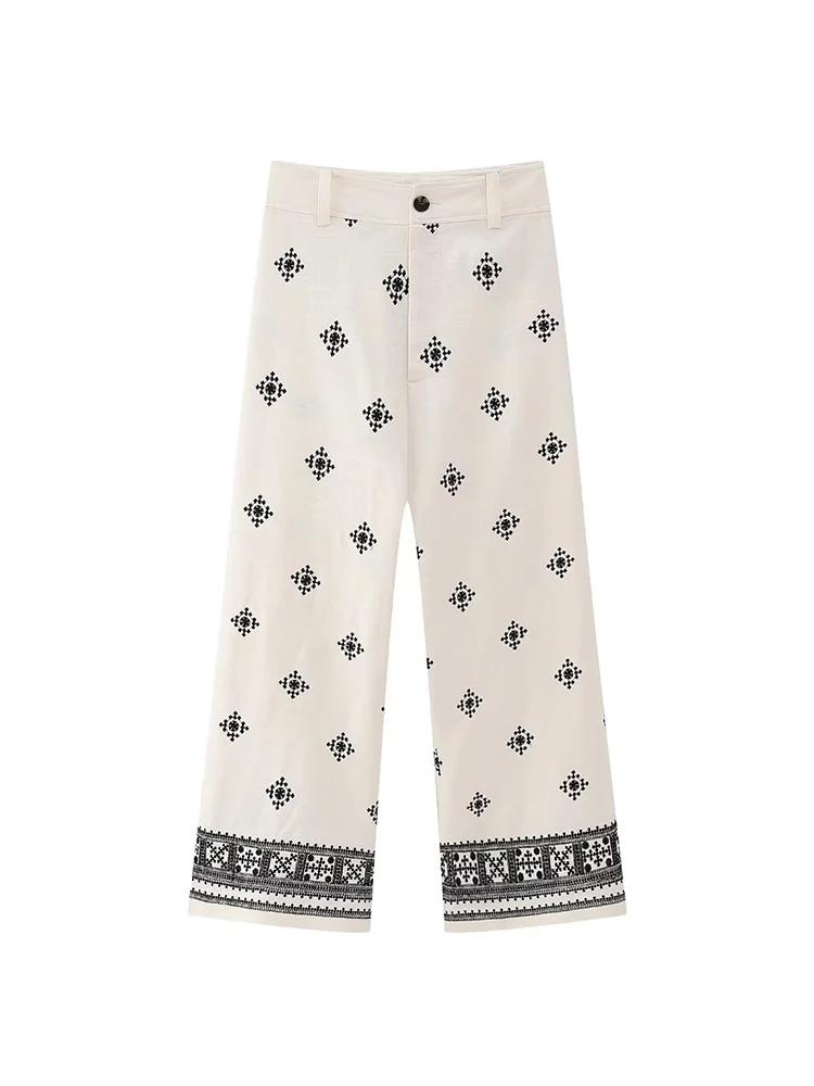 Pantalon Vintage en lin pour femmes, ample, style Boho, mode dames, Vocation, broderie douce, bas dé
