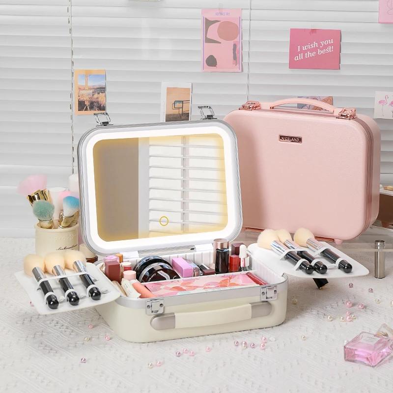 Boîte de rangement de maquillage portable avec lumière LED et miroir – Étui de train cosmétique adap