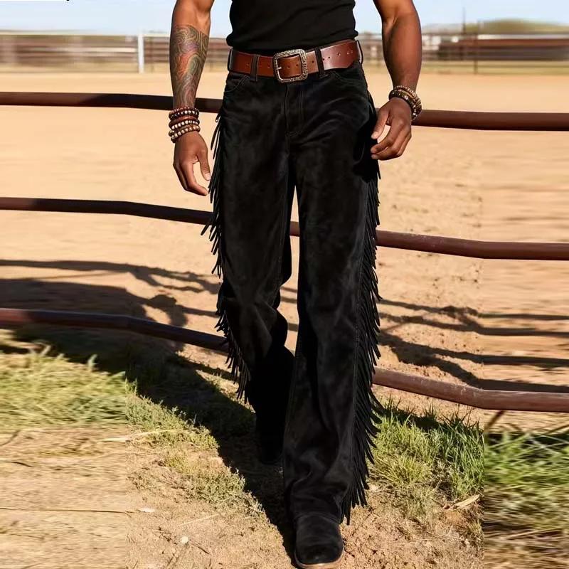 Pantalon Western Homme en Daim Marron Rétro à Franges, Taille Haute, Coupe Large, Couleur Unie, Tend