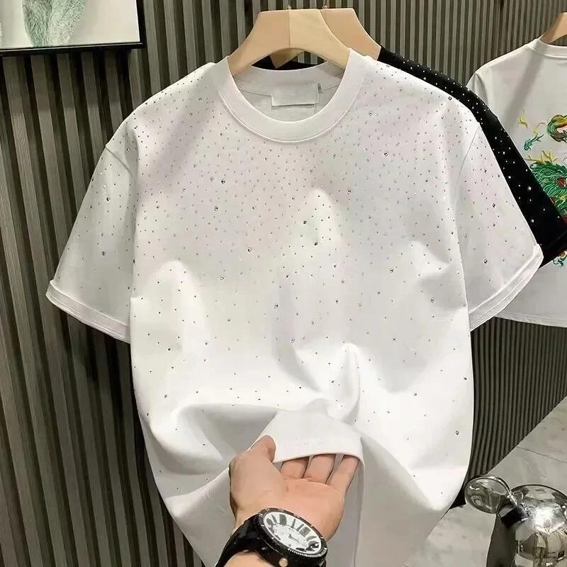 Été hommes vêtements été strass Rivet T-shirt col rond T-shirt style décontracté Version coréenne ho