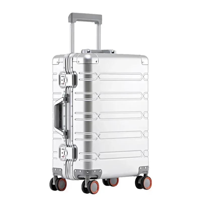 Valise de voyage tout en alliage d'aluminium-magnésium, bagage d'affaires à roulettes sur roulettes,