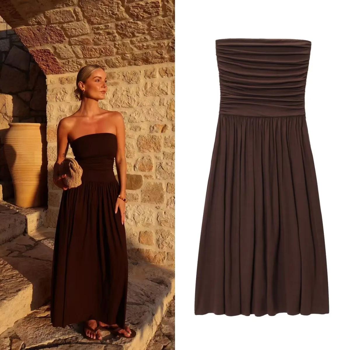 ETJ 2025 nouvelle robe femme élégante sexy épaules dénudées mode plis détails minceur robe sans bret