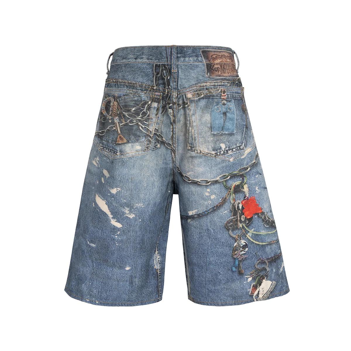 Shorts en jean baggy patchwork imprimé 3D pour hommes, style streetwear, nouvelle collection été, co