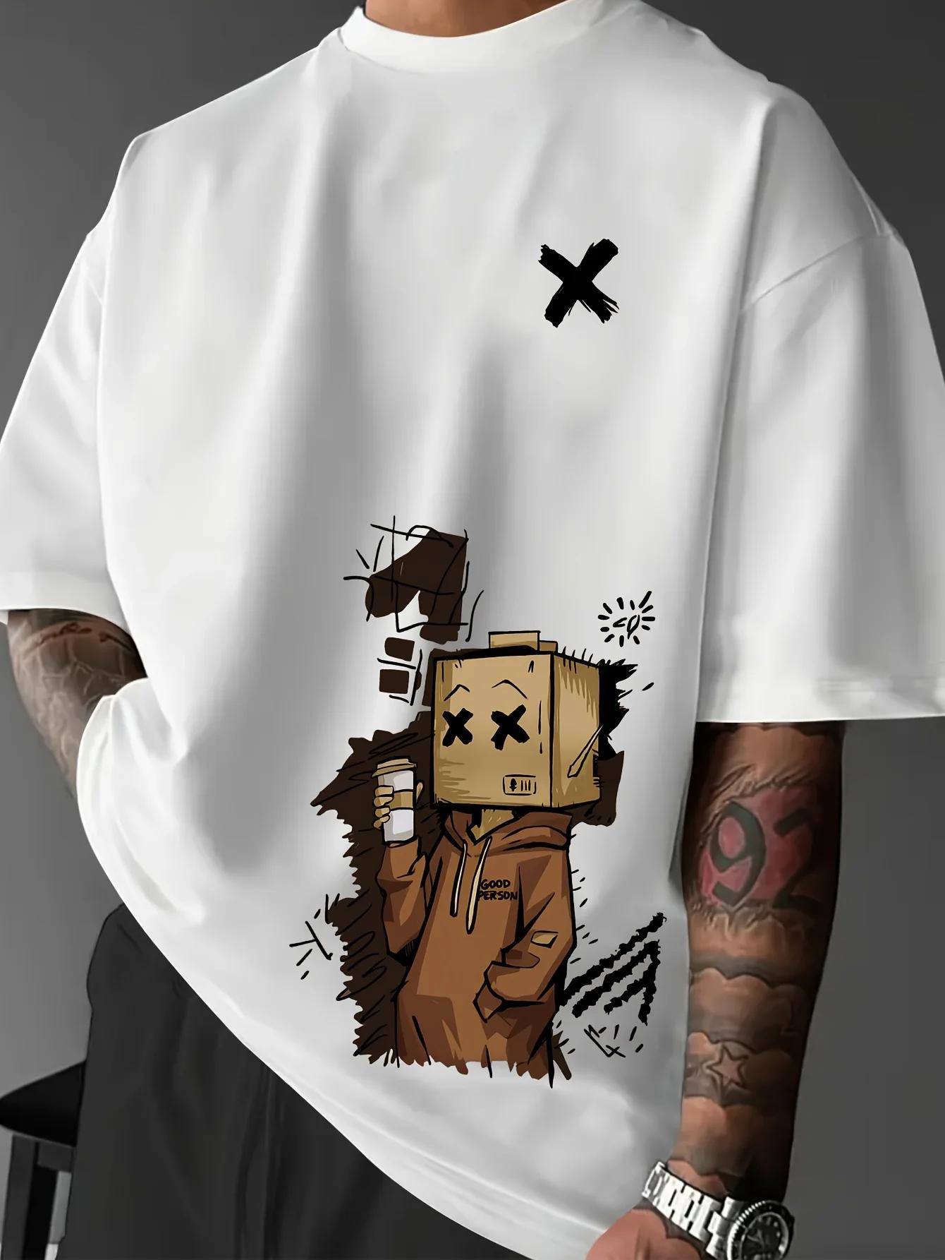 T-shirt col rond pour hommes, mode européenne et américaine, imprimé Graffiti de dessin animé, confo