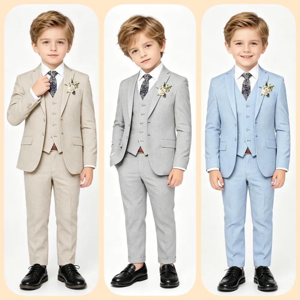 Costume en lin beige pour garçons, 4 pièces, avec cravate florale, ensemble formel pour enfants, mar