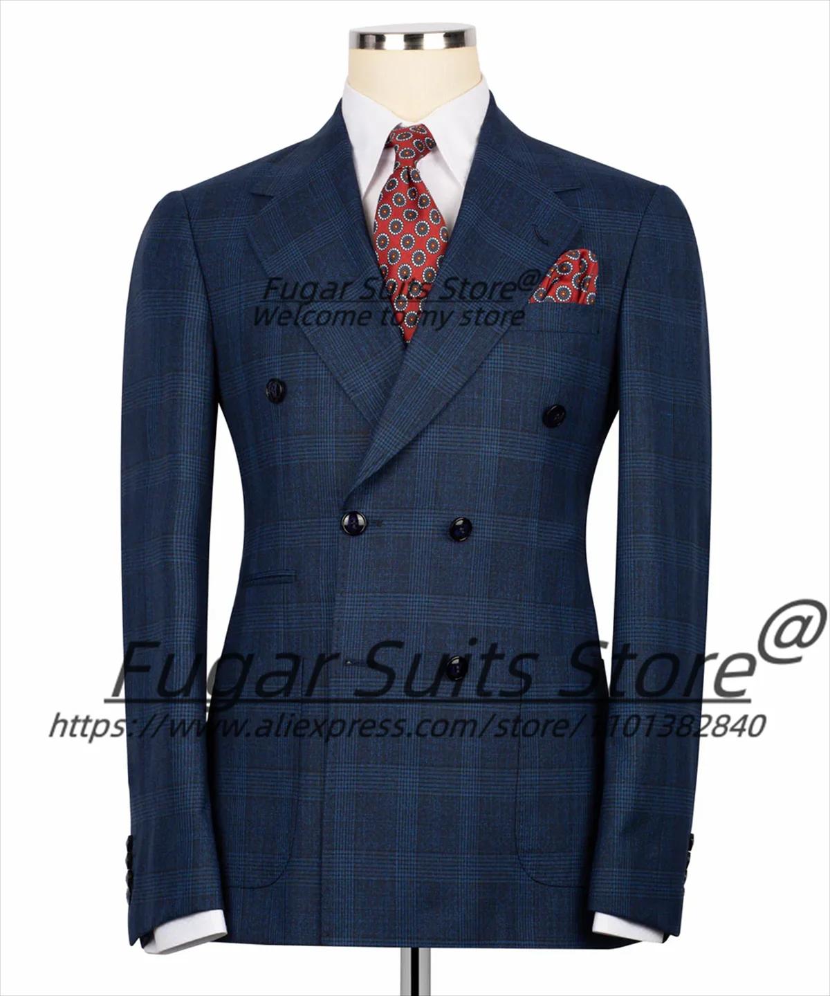 Costumes d'affaires à carreaux bleu marine pour hommes, personnalisés, coupe cintrée, Double boutonn