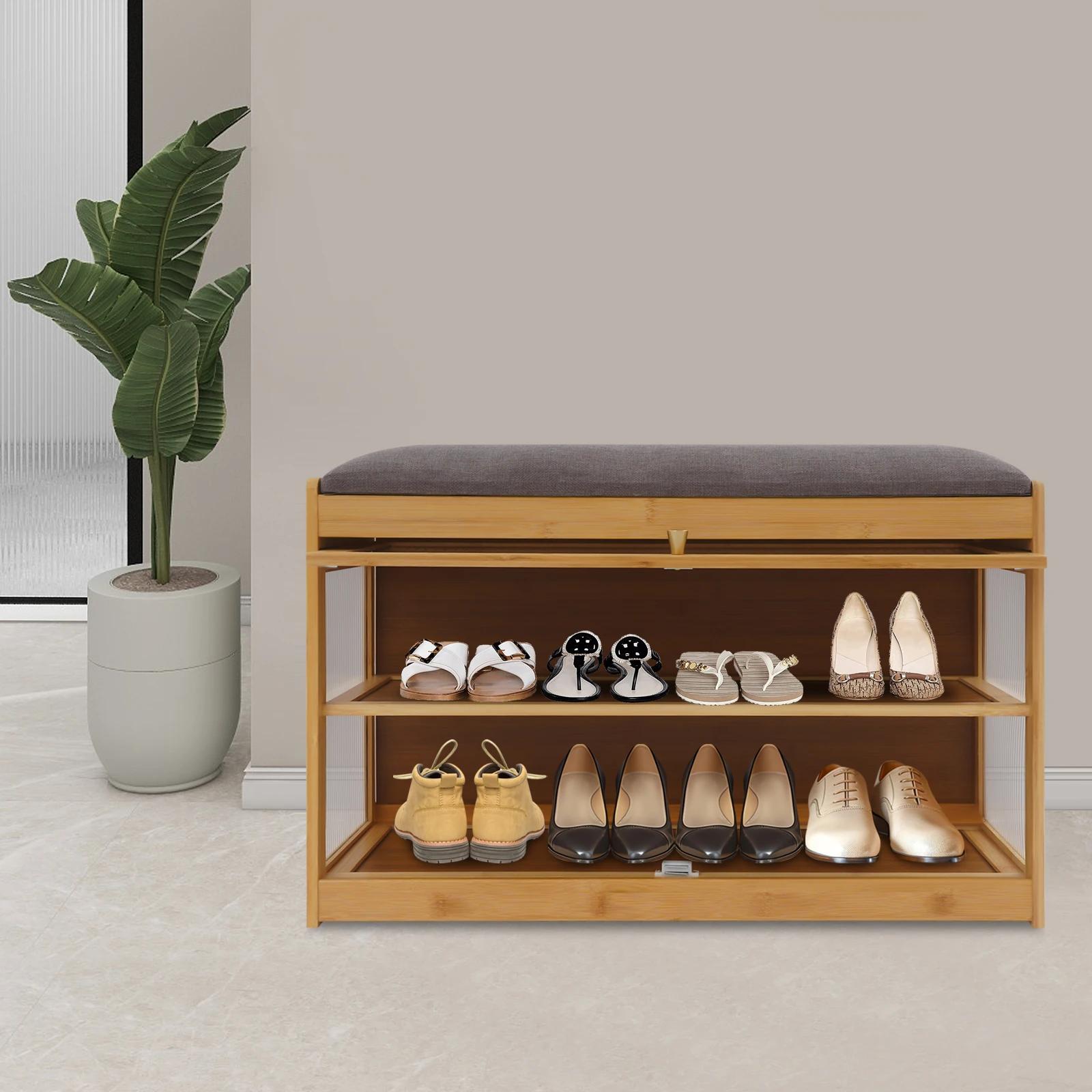 Banc à chaussures rectangulaire à 2 niveaux avec coussin et espace de rangement pour entrées, couloi