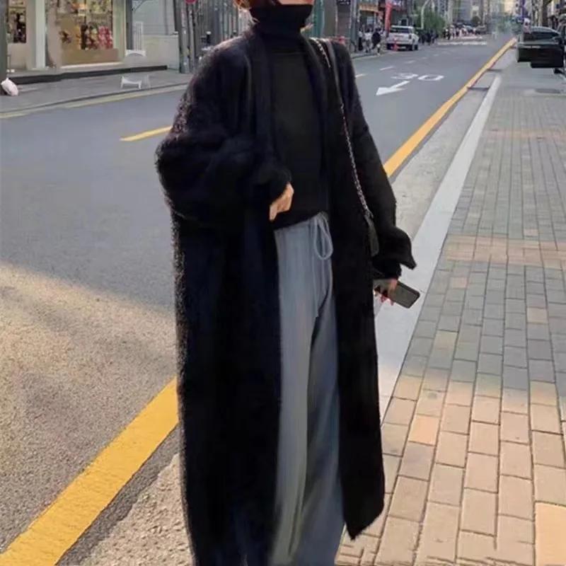 Manteau en tricot ouvert de style ample et paresseux, pull épais à manches longues en fausse fourrur