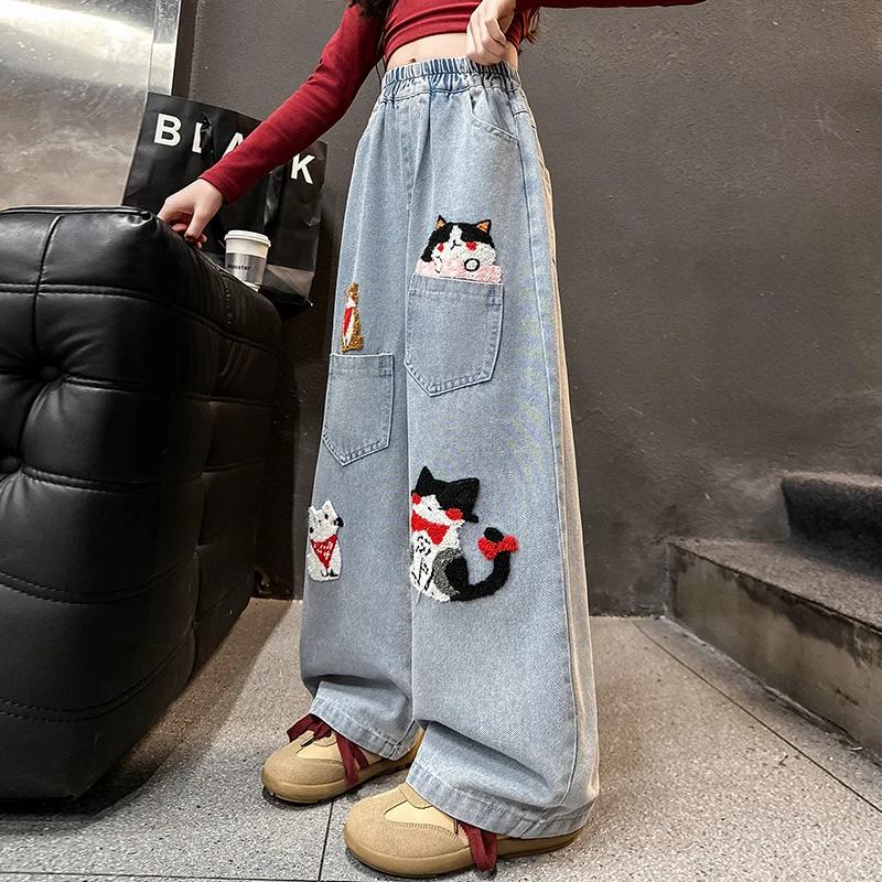 Printemps junior filles dessin animé jambe large jeans adolescents enfants serviette brodé chat deni