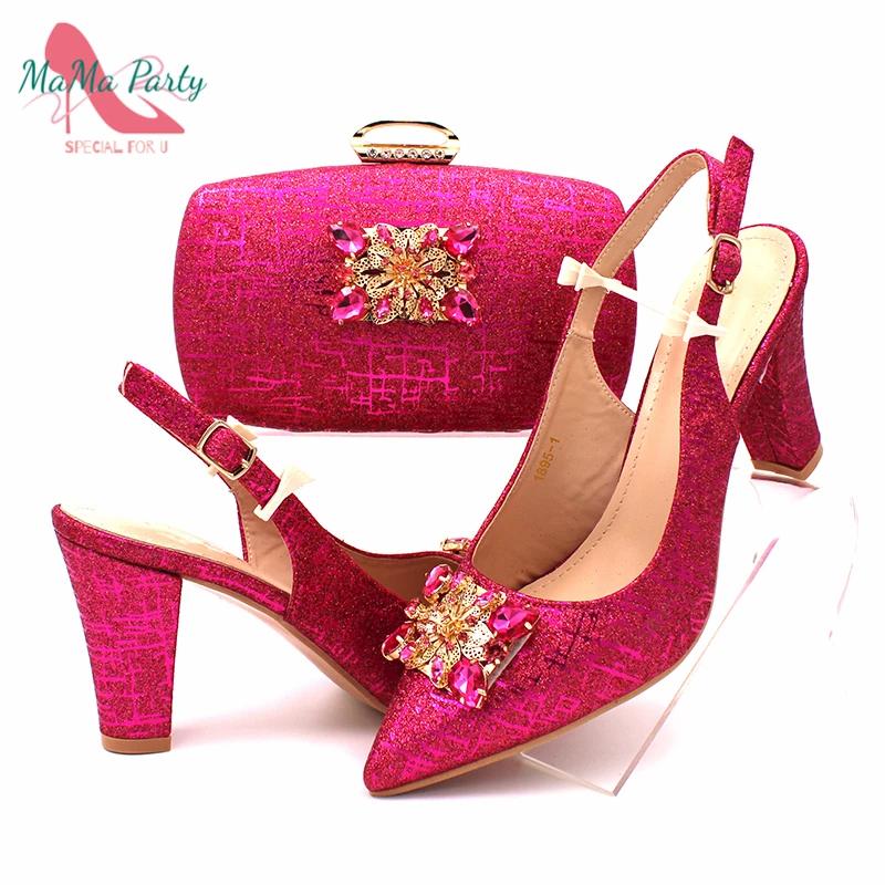 Ensemble chaussures et sac pour femmes africaines, couleur fuchsia, design classique italien, haute