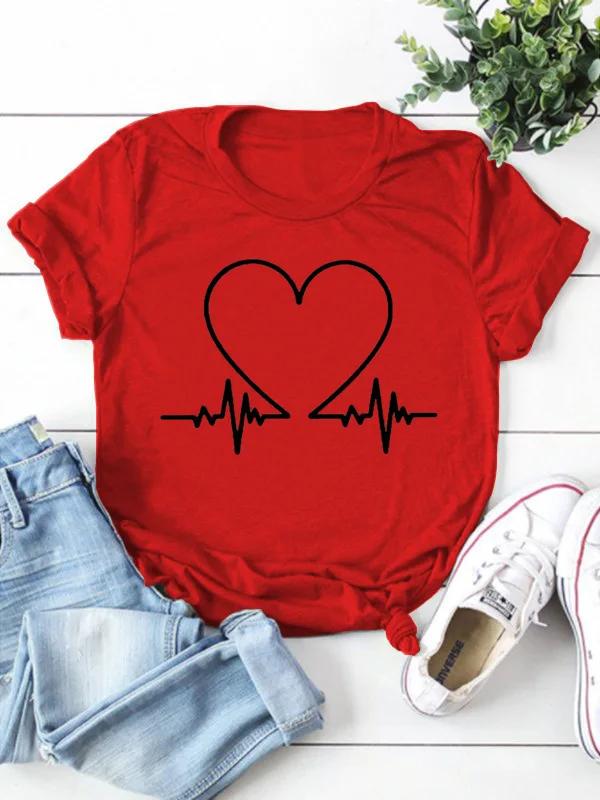 T-shirt à manches courtes et col rond pour femme, électrocardiogramme, imprimé cœur, t-shirt pour fe