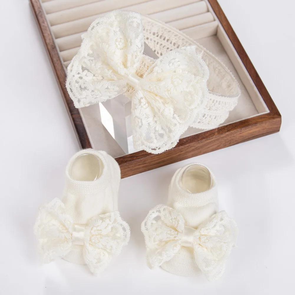 3 pièces/ensemble crème dentelle bébé bandeaux et chaussettes nouveau-né princesse filles large stra