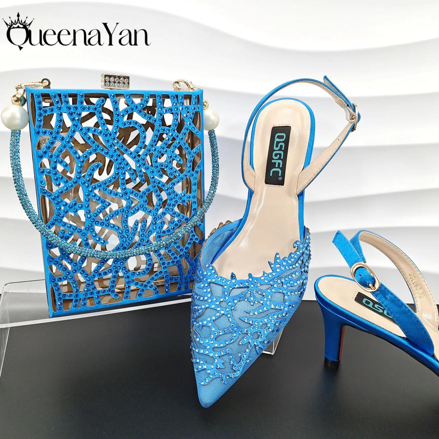 NigWin-Chaussures de soirée élégantes pour femmes, chaussures pleines de diamants de luxe, bleu ciel